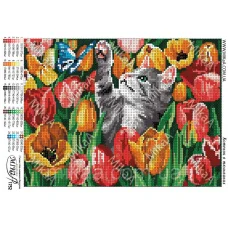 МИКА-1752 (А4) Котенок в тюльпанах. Схема для вышивки бисером