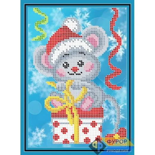 ФР-ДБч5-173 Мышка на подарке (голубой фон). Схема для вышивки бисером ТМ Фурор