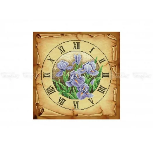 ЧВ-6051-К Часы с ирисами (Коричневый фон). Схема для вышивки бисером. Бисерок