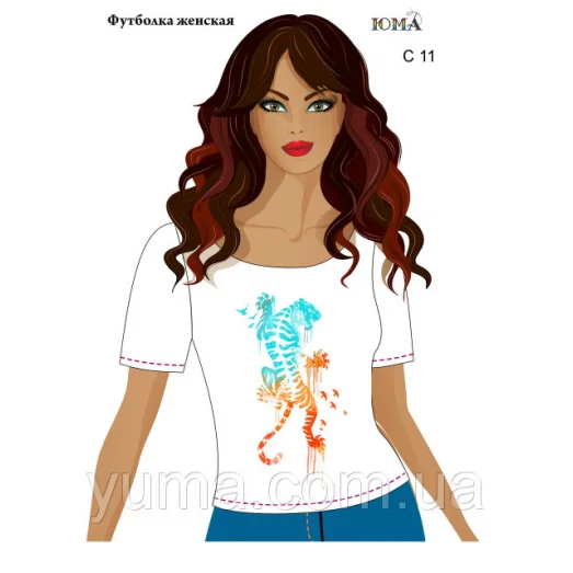 ЮМА-С-011 Женская футболка c рисунком Сине-жёлтый тигр для вышивки