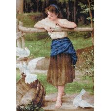 B516 Девушка дразнящая голубей. Набор для вышивки нитками. Luca-s 