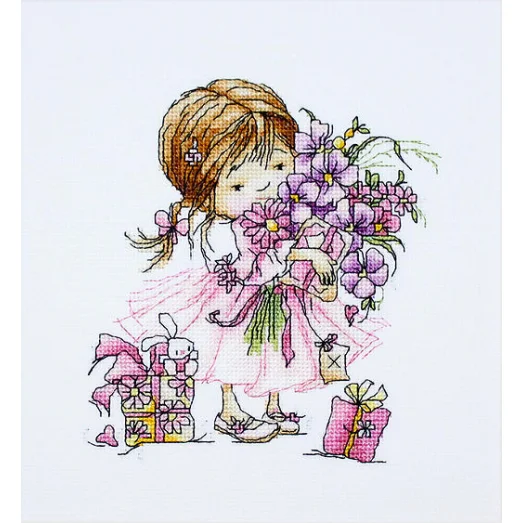 B1055 Девочка с букетом. Набор для вышивки нитками. Luca-s