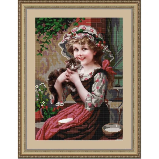 НИК-9727 Девочка с котенком. Схема для вышивки бисером  ТМ Конек