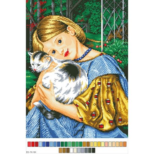 А3-14-054 Девочка с котом. Канва для вышивки нитками Вышиванка