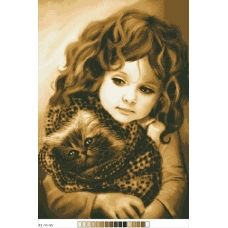 А3-14-055 Девочка с котёнком. Канва для вышивки нитками Вышиванка