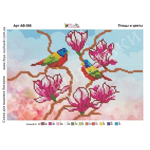 АВ-590 Птицы и цветы. Схема для вышивки бисером Фея Вышивки