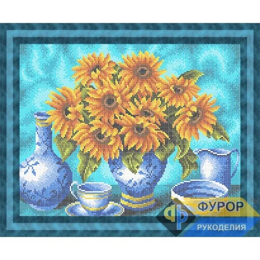ФР-НБп3-096-2 Букет подсолнухов и гжель. Схема для вышивки бисером ТМ Фурор Рукоделия