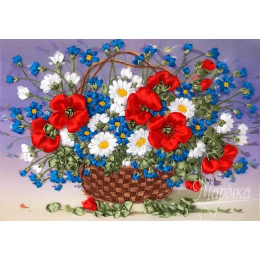 НЛ-3035 Корзина с незабудками. Наборы для вышивки лентами ТМ Маричка
